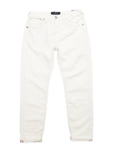 Giacomo Bull WTH from Blue de Gênes are white denim jeans featuring a classic five-pocket design, button and zipper closure, with straight leg style. Stone-washed and made in Italy, theyre showcased on a crisp white background.