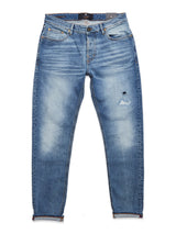 Vinci Super Used Jeans by Blue de Gênes are Italian-crafted blue denim jeans with a light wash. They feature a distressed patch on the right leg, regular fit, classic five-pocket styling, and a button fly, all made from comfort stretch denim for ultimate ease and style.