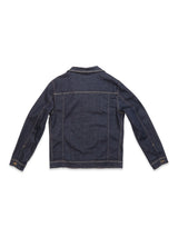 The Cosimo Trucker Jacket - Dark Blue Denim by Blue de Gênes displays the classic western style with visible seam stitching, long sleeves with buttoned cuffs, and two vertical back lines.