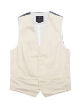 The Pantella Desk Gilet - Natural by Blue de Gênes is a beige vest with a deep V-neckline, Corozo buttons, and a striped white lining. Made from a Cotton/Linen blend, it features a dark label on the inside back.