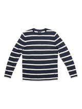 The Monte Stripe Knit - Navy by Blue de Gênes, a long-sleeve crewneck jumper with black and white stripes and a roll-rib hem, is displayed on a white background.