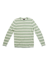 The Monte Stripe Knit - Green Bay by Blue de Gênes is a long-sleeve, crew neck shirt featuring green and white stripes, made from a casual cotton/linen blend. Its lightweight fabric and roll-rib hem make it ideal for everyday wear.