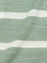 A close-up of the Monte Stripe Knit - Green Bay by Blue de Gênes showcases a soft cotton/linen blend fabric with white horizontal stripes, a crewneck, and a roll-rib hem that complements its simple design.