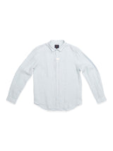 The Enrico Beach Shirt - Blue Water by Blue de Gênes is a light blue summer shirt with long sleeves and a collar made from linen fabric. It features eco-friendly Corozo nut buttons, laid flat on a white background.