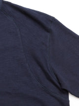 Close-up of the BdG S/S Grandad in Navy by Blue de Gênes, highlighting the shoulder and sleeve seam. The dark blue fabric appears textured, soft, and slightly stretchy with visible stitching along the seam.