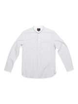 The Basso MC Shirt - Navy Stripe by Blue de Gênes is a long-sleeved, button-up shirt with a subtle yarn dye stripe on a white background. It features a stand collar, regular fit, and is made from lightweight cotton seersucker fabric.