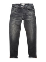 The Blue de GĂȘnes Vinci G Dark Grey Jeans are slim-fit grey denim with comfort stretch, front and back pockets, button and zip closure, and slightly faded thighs. Shown laid flat on a white background.