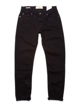 The Vinci Venom Blk Jeans - Dark Denim by Blue de Gênes are black regular fit jeans in comfort stretch twill, featuring front pockets, belt loops, and a button closure, displayed flat on a white background.