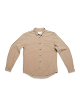 The Blue de Gênes Zamboni Velu Shirt - Fungi is a beige, long-sleeve baby corduroy shirt with a single chest pocket, garment dyed and displayed flat on a white background.