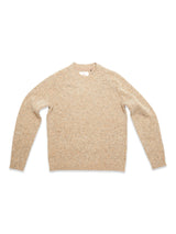 The Honshu Crewneck Knit in Fungi by Blue de Gênes is a beige, long-sleeve sweater made from a soft lambswool blend, shown laid flat on a white background.