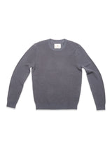 The Porto Knit - Dark Slate by Blue de Gênes is a classic men's crewneck sweater made from 100% wool, shown laid flat on a white background.