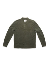 The Blue de Gênes Malakka Polo Knit - Army is a long-sleeve, wool-blend sweater in olive green with a collar and three corozo buttons, shown laid flat on a white background.