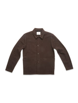 The Blue de Gênes Kojima Wool Jacket in Chocolate is an overshirt-style piece with a collar and two large front pockets, shown laid flat on a white background.