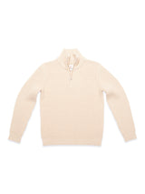 The Yomaha Halfzip Knit - Fungi by Blue de Gênes is a cream long-sleeve chunky wool-blend sweater with a high collar and partial zip, displayed flat on a white background.