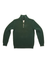 The Blue de Gênes Yomaha Halfzip Knit in Scarab is a dark green, chunky ribbed sweater with long sleeves, a high collar, and a silver half-zip, shown laid flat on a white background.