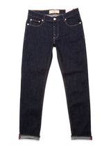The Vinci Girisha Rinse Jeans by Blue de Gênes are regular fit, dark blue comfort stretch denim jeans with rolled-up cuffs, five pockets, visible stitching, and a button fly, shown laid flat on a white background.
