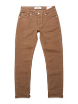 The Vinci Iro Pant - Chocolate by Blue de GĂȘnes, a regular fit brown denim pant in comfort stretch twill, is laid flat with legs apart, rolled cuffs, front pockets, belt loops, and visible stitching on a white background.