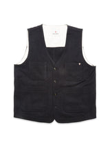 The Blue de Gênes Maurice Solid Gilet - Dark Navy is a sleeveless, V-neck denim vest with button closure, four front pockets, and a white inner lining—ideal for tailored layering. Shown against a white background.