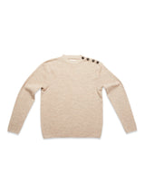 The Blue de Gênes Toyama Knit L/S in oat is a beige Merino wool crewneck sweater with long sleeves and three dark buttons on the left shoulder, shown laid flat on a white background.