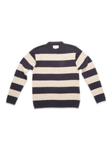 The Blue de Gênes Toyama Stripe Knit L/S in Dark Navy features wide navy and beige horizontal stripes, shown flat on a white background.