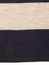The Blue de Gênes Toyama Stripe Knit L/S - Dark Navy features textured fabric with alternating beige and wide dark navy horizontal stripes for a stylish, detailed look.