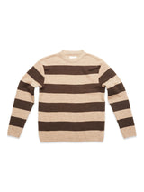 The Blue de Gênes Toyama Stripe Knit L/S - Oat is a cozy crewneck sweater with wide beige and dark brown stripes, shown laid flat on a white background.