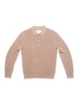 The Porto Polo Knit - Fungi by Blue de Gênes is a light brown, long-sleeve wool polo with a collar and four dark buttons, shown laid flat on a white background.