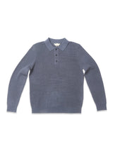 The Blue de Gênes Porto Polo Knit - Dark Slate is a long-sleeve sweater with a collar and three buttons, laid flat on a white background—luxury knitwear at its finest.