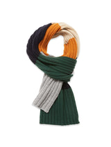The Comforto Knit Scarf - Multi Stripe by Blue de Gênes features wide color blocks in dark green, gray, mustard yellow, cream, and navy blue. Made from soft wool and recycled polyester for warmth and sustainability.