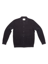 The Blue de Gênes Gifu Knit Cardigan in navy is crafted from a wool blend with long sleeves, a collar, and two front pockets. This men's knitwear is shown laid flat on a white background.