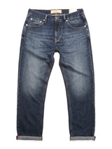 A pair of Blue de Gênes BGmarco Rowan Jeans - Used in blue denim with a relaxed fit, straight-leg cut, classic 5-pocket design, metal rivets, fading on the thighs, and rolled cuffs, laid flat on a white background.