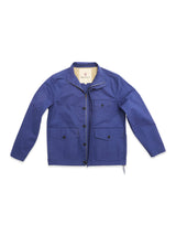 The Blue de Gênes BGcanopy Jacket in Navy Peony features four front pockets, a collar, and long sleeves, crafted from heavy cotton for classic workwear style, shown laid flat on a white background.