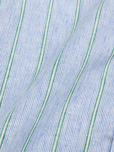 Close-up of the Blue de Gênes BGenrico Mida Shirt – Blue Stripe, featuring linen fabric with thin blue and white stripes and wide green accents, showcasing a lightly wrinkled texture ideal for breathable summer wear.