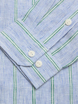 A close-up of the Blue de Gênes BGenrico Mida Shirt cuff shows white buttons on blue and white stripes with green lines—a crisp, classic pattern for a breathable summer look.