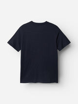 The BGoscar T-Shirt - Dark Navy by Blue de Gênes is a plain, short-sleeved crewneck tee made from 100% cotton, shown laid flat with the back up on a white background.