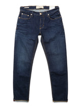 The Blue de Gênes Vinci Pala Dark V2 Jeans in dark blue denim are regular fit, comfort stretch jeans with five pockets and metal rivets, shown laid flat on a white background.