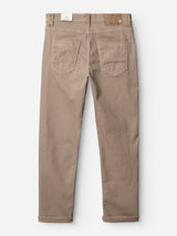 The BGpaulo Pavia 1 V2 Chino in Fungi by Blue de Gênes features a tan color, two back pockets, a brown leather waistband patch, turned-up cuffs, and is made from lightweight stretch cotton for casual comfort.