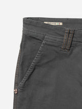 Close-up of BGpaulo Pavia 1 V2 Chino in Charcoal by Blue de Gênes, featuring waistband, belt loop, front pocket, brown stitching, and a Made in Italy tag with an Italian flag; crafted from premium cotton stretch fabric.