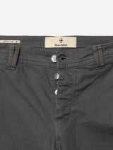 Close-up of the BGpaulo Pavia 1 V2 Chino - Charcoal by Blue de Gênes, featuring a dark gray stretch waistband, brown stitching, exposed buttons, and a Blue de Gênes label reading "Made in Italy.