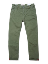 The Paulo Pavia 1 V2 Chino - Army by Blue de Gênes features front pockets, button and zip closure, and rolled cuffs. Inspired by vintage military styles, these green chinos are crafted from soft stretch cotton. Shown laid flat on a white background.