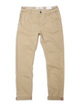 A pair of Blue de GĂȘnes Paulo Pavia 1 V2 Chino pants in khaki cotton stretch, featuring button and zipper closure, front and back pockets, and slightly rolled-up cuffs, laid flat on a white background.