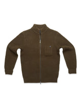 The Aimone Knit Cardigan - Army by Blue de GĂȘnes is a brown, lambswool, coarse knit zip-up featuring a high collar and a small rectangular pocket on the left chest. When laid flat with the zipper slightly open, its textured fabric is beautifully showcased.