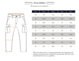 Illustration displaying Albi Cargo Pant - Dark Navy from Blue de Gênes with measurement lines and a size chart for sizes 28-38. The chart shows waist, thigh, knee, and hem in cm. A note highlights cottons impact on measurements and cross-cord comfort for flexibility.