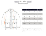 Line drawing of the BGcanopy Jacket - Navy Peony by Blue de Gênes with orange dashed measurement lines, next to a size chart (S–XXXL) showing chest, sleeve, and back lengths in cm. Note: Measurements may vary slightly.