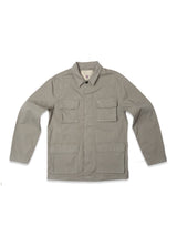 The Blue de Gênes BGhunter Vecchio Jacket in Shadow Green is a cotton stretch field jacket with a collar, long sleeves, two chest pockets, and two lower front pockets, shown on a white background.