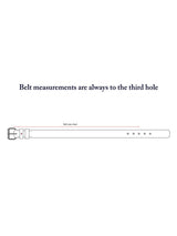 Diagram of the BGualan Belt - Brown by Blue de Gênes, featuring text that reads, Belt measurements are always to the third hole. An arrow labeled Belt size chart extends from the classic metal buckle to the third hole, highlighting this handmade in Italy accessory’s precise sizing.