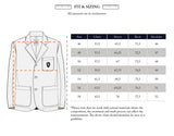 A sizing chart for the BGbaio Twill Blazer - Chalk by Blue de Gênes, featuring a drawing of the blazer on the left and a table on the right with size, chest, sleeve, back, and shoulder measurements in centimeters.