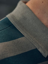 Close-up of the collar and shoulder of the BGwally Stripe Polo - Shadow Green by Blue de Gênes, showcasing green and beige stripes, detailed stitching, and textured cotton-linen fabric.