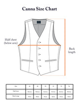 The Canna Carbonio Gillet by Blue de Gênes is crafted from Italian brushed cotton, features two pockets and five Buffalo horn buttons. The table lists sizes 46 to 64 with respective half chest and back length dimensions.