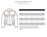 Check the diagram and size chart for the Blue de Gênes Cosimo Trucker Jacket in Dark Blue Denim, a classic western style. It includes chest, sleeve, back, and shoulder measurements in centimeters from sizes S to XXXL. Note that natural materials may affect these measurements.